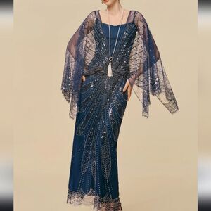 3172 NWT Babeyond Sapphire Symphony Cape-Sleeve Evening Gown Sz 2